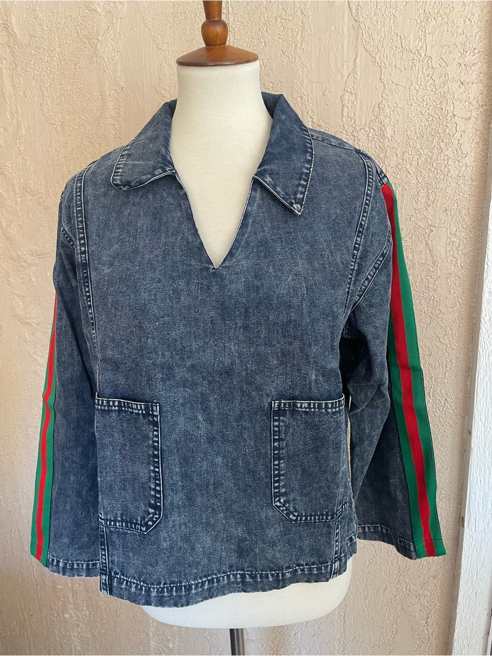 JODIFL Washed Denim Pullover Top with Red & Green Sleeve Stripes